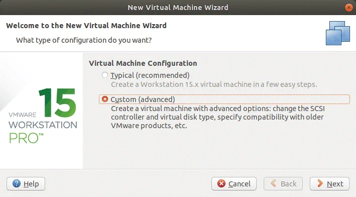 Selecting a custom mode to create a VM for VMware P2V Linux conversion