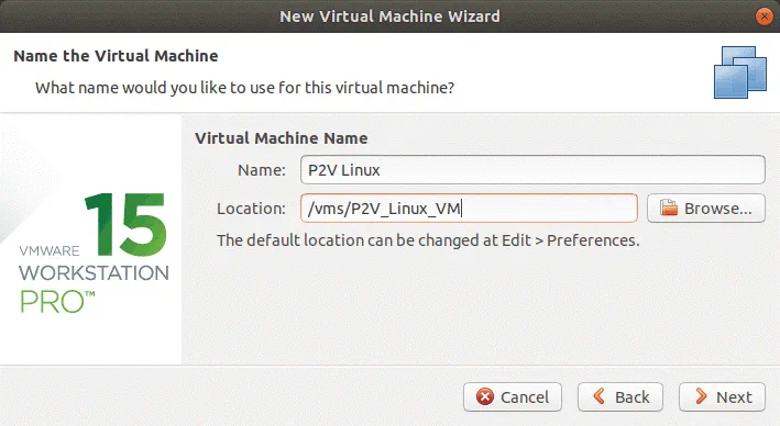 Selecting location for a new P2V Linux VM