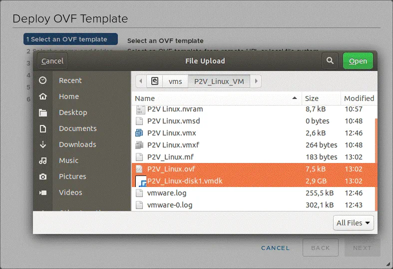 Selecting the OVF template and virtual disk files