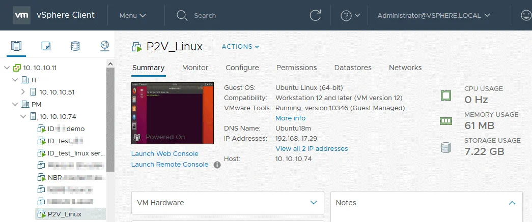 VMware P2V Linux conversion is finished – the converted VM is powered on