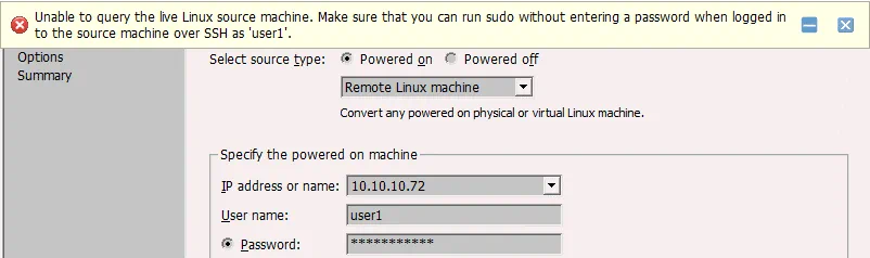 VMware P2V Linux – a user must run sudo without entering a password
