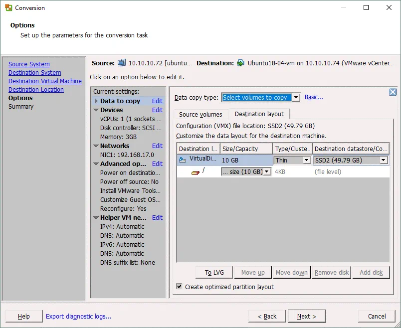 VMware converter Linux – configuring options for Linux P2V migration
