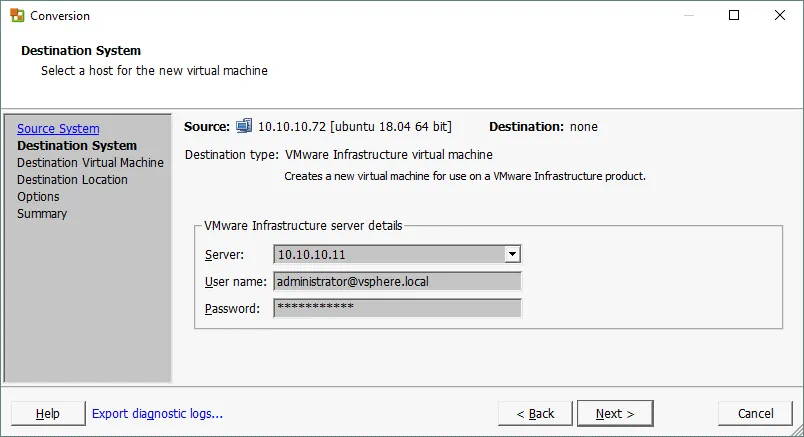 VMware converter Linux – selecting a destination ESXi host