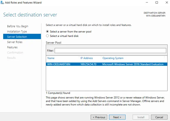 Select destination server (How to Install Hyper-V on Windows Server 2019)