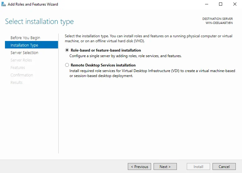Select installation type (How to Install Hyper-V on Windows Server 2019)