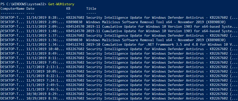 Viewing history of installed updates (automate Windows updates)