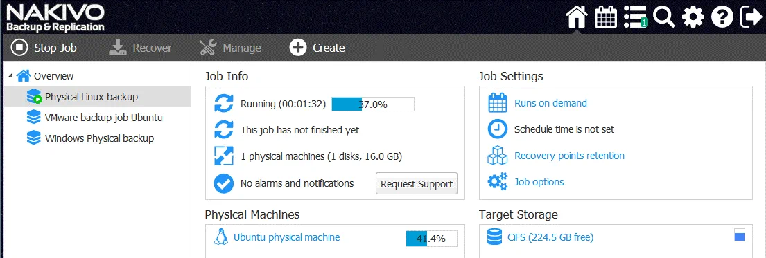 A physical Linux machine backup job is running
