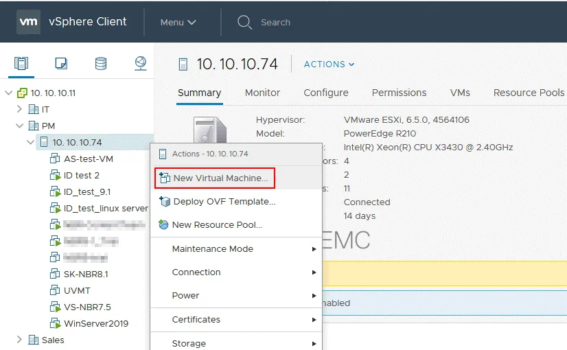 Creating a new VM on the ESXi host to import the exported virtual disk to that VM