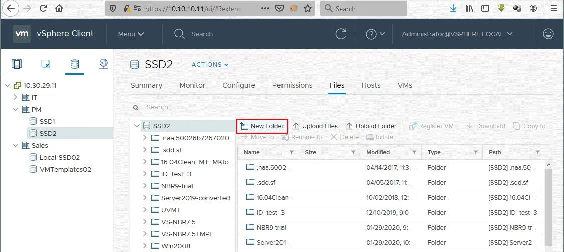 Creating a new folder in the ESXi datastore to upload the exported VMware virtual disk files