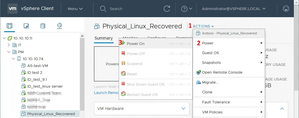 Powering on the VMware VM after conversion