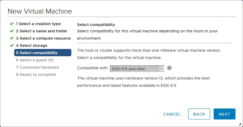 Selecting compatibility for the new VM