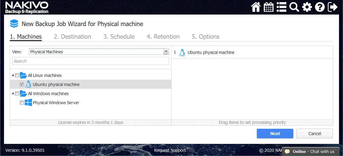 Selecting the Ubuntu physical machine in New Backup Job Wizard for Physical machine