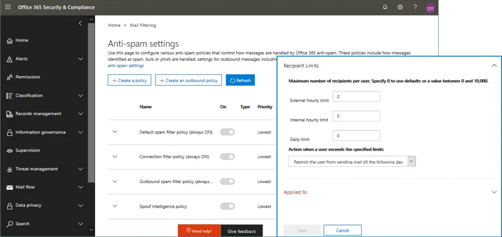 Outbound spam filtering settings in Exchange Online Protection