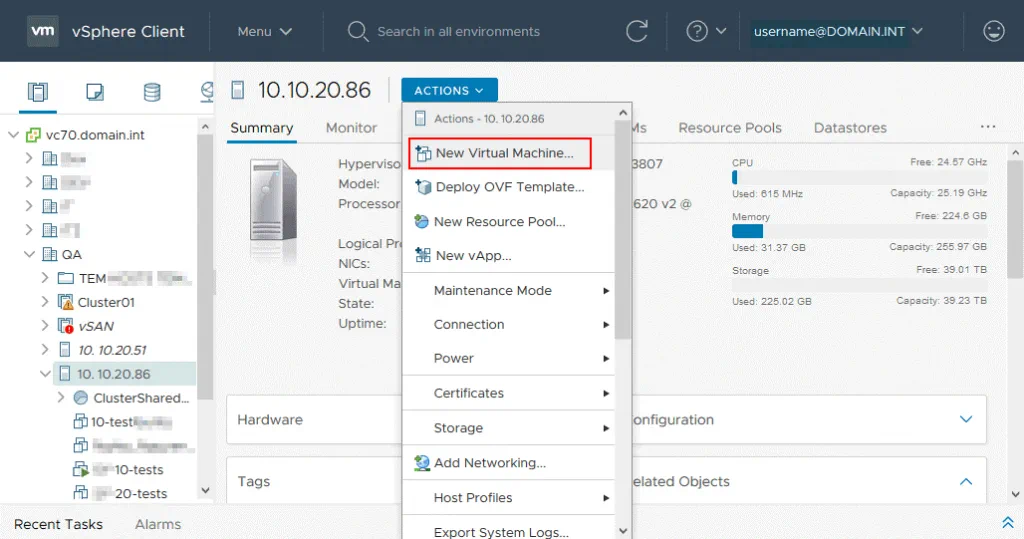 Creating a new virtual machine in VMware vSphere Client 7.0