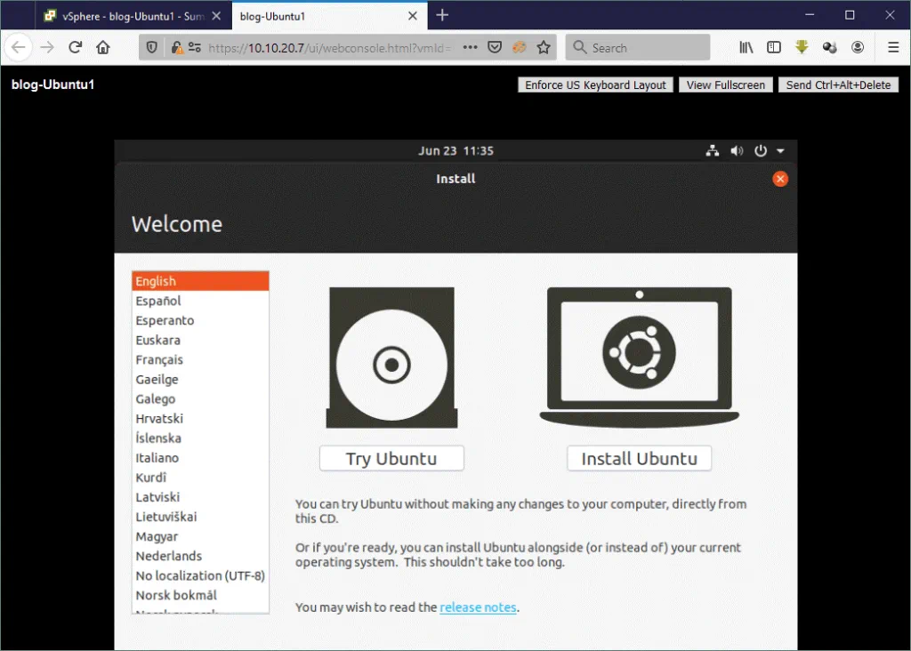Installing Ubuntu as a guest operating system in a new VM by using a Web Console