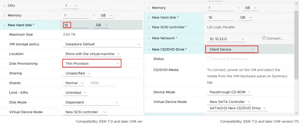 Virtual hard disk options and virtual DVD drive configuration for a new VM