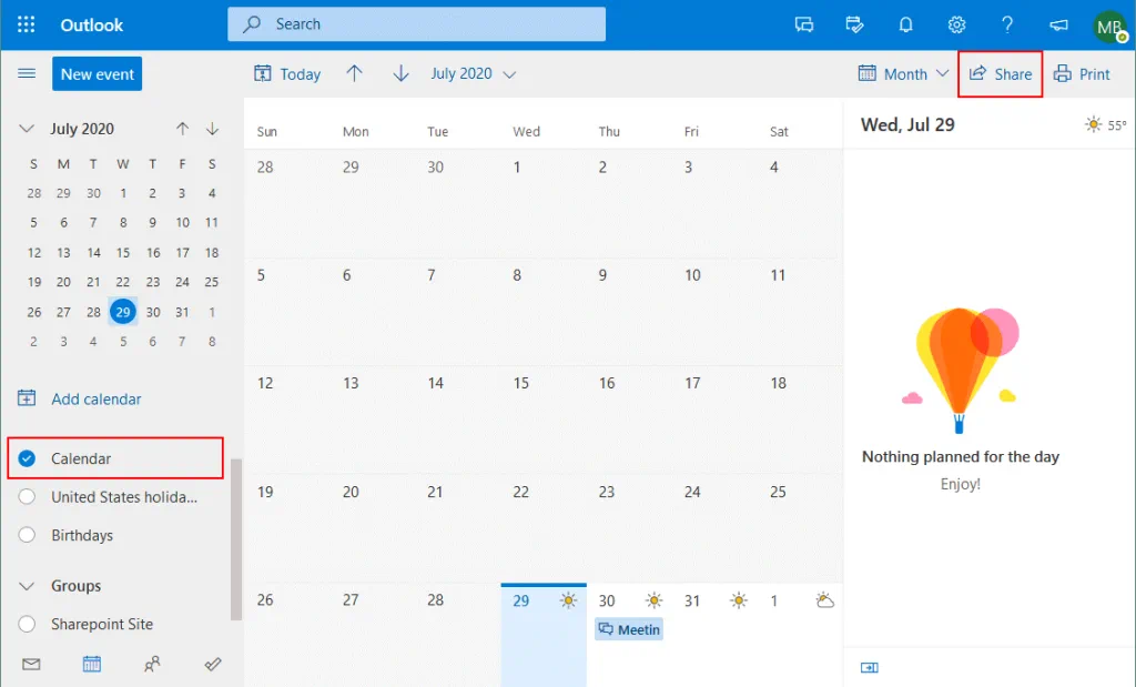 Starting-Office-365-calendar-sharing-in-a-web-interface