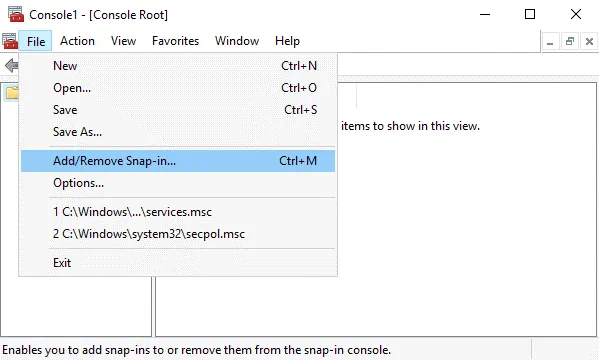 Adding a snap-in in Microsoft Management Console