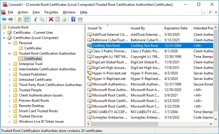 CertReq Test Root must be located in Trusted Root Certification Authorities
