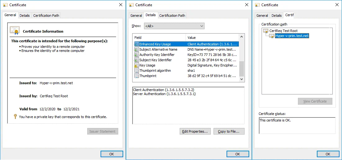 Comprobación de los parámetros de los certificados en el servidor Hyper-V primario