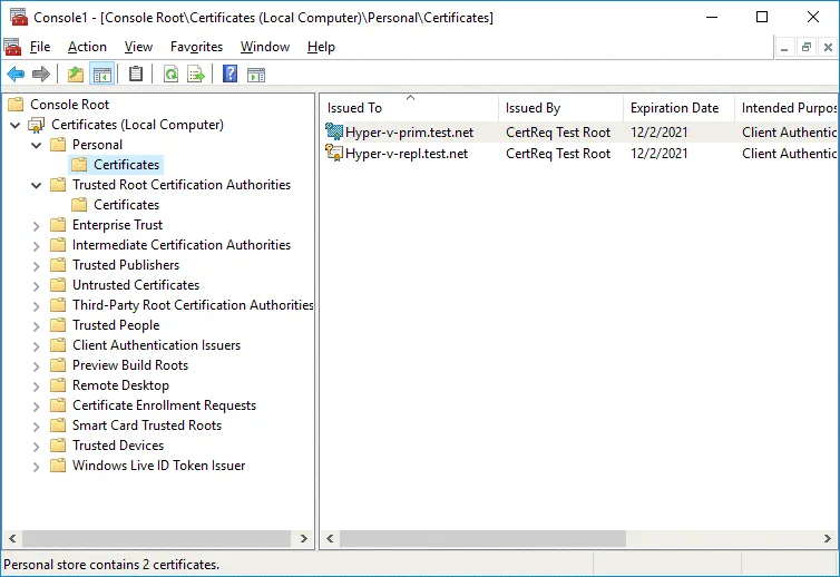 Create self-signed certificates and then check them in MMC
