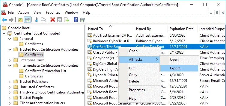 Exporting the CertReq test Root certificate
