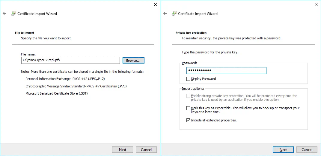 Importing a certificate by using a Certificate Import Wizard