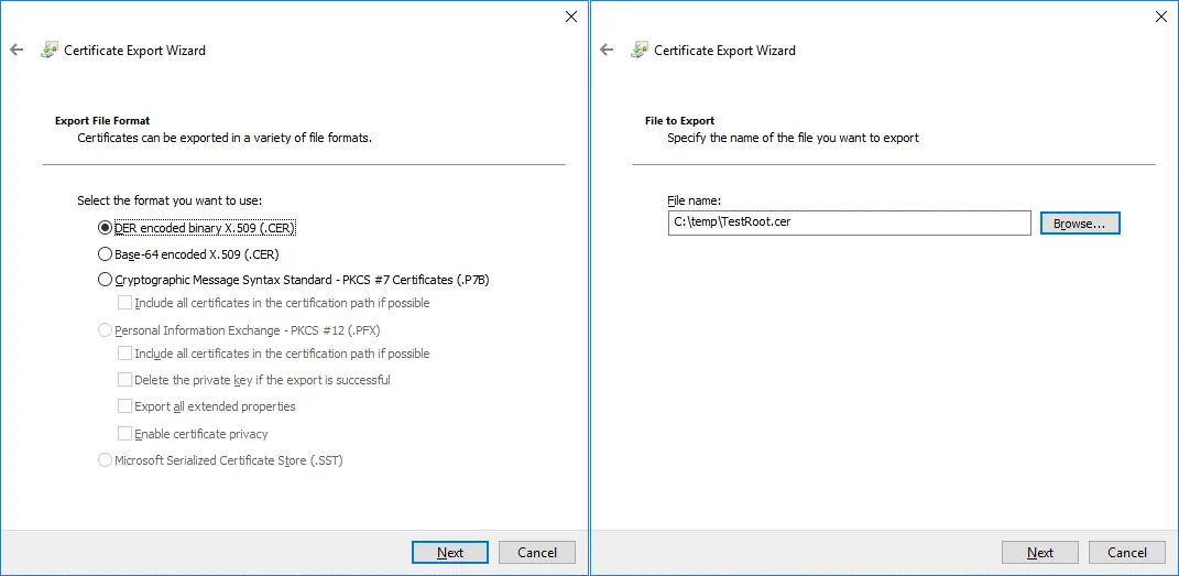 Selecting a certificate format to export and name for the exported file