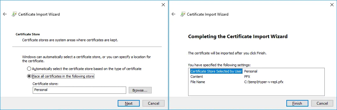 Selecting where to place imported certificates