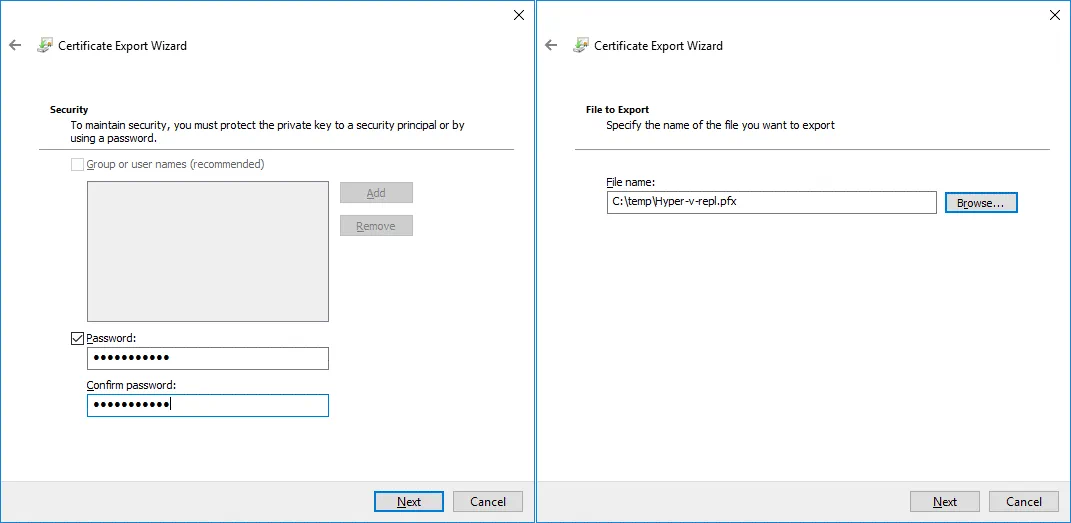 Setting a password and a file name for the expired certificate