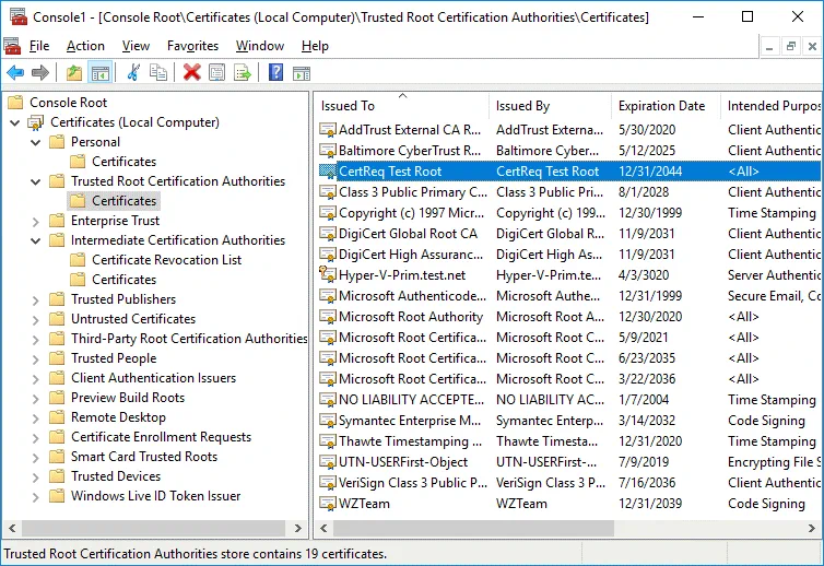 The Test Root certificate is copied to Trusted Root Certification Authorities