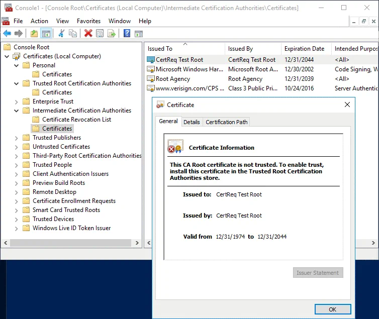 Windows certificate authority – checking the root certificate