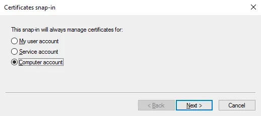 Windows certificate manager – adding a snap-in for a computer account