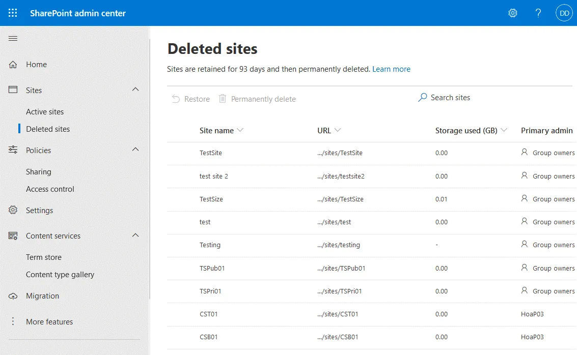 A SharePoint administrator can recover deleted sites or delete them permanently
