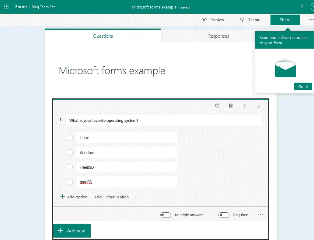 Adding questions to the new poll in Microsoft Forms