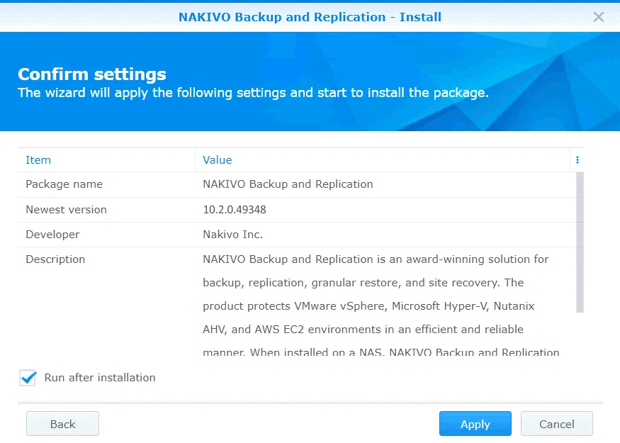 Applying settings to install NAKIVO Backup & Replication on Synology NAS
