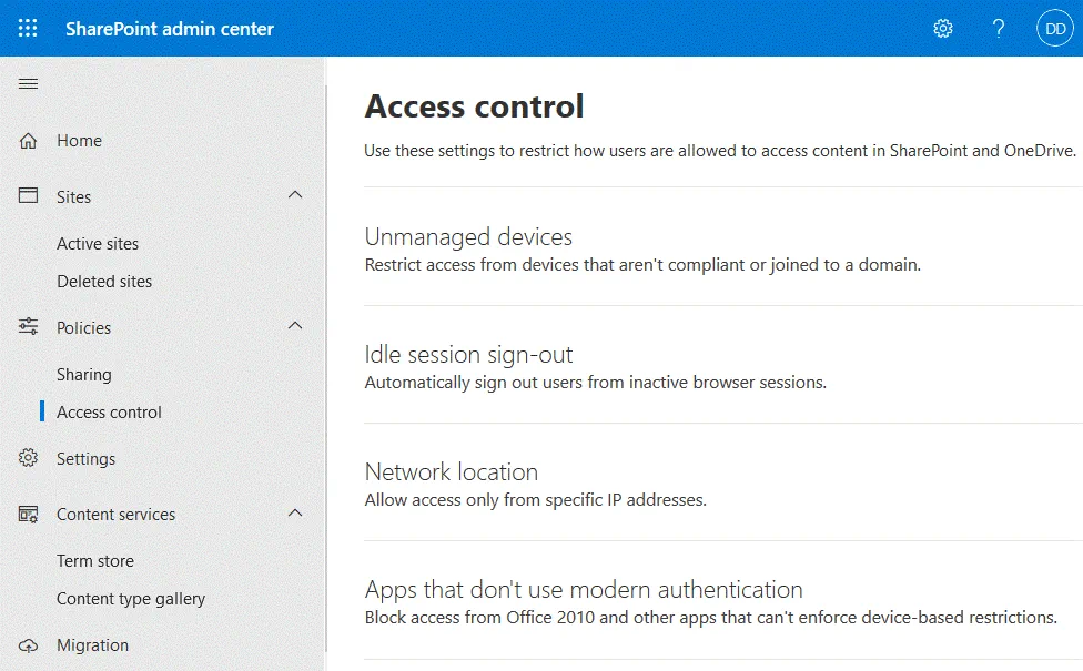 Configuración del control de acceso en el centro de administración de SharePoint