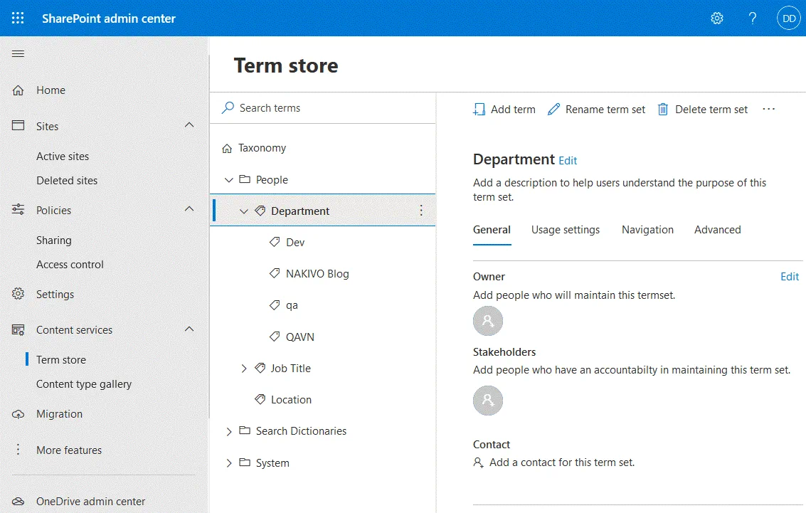 Configuring content services and term store