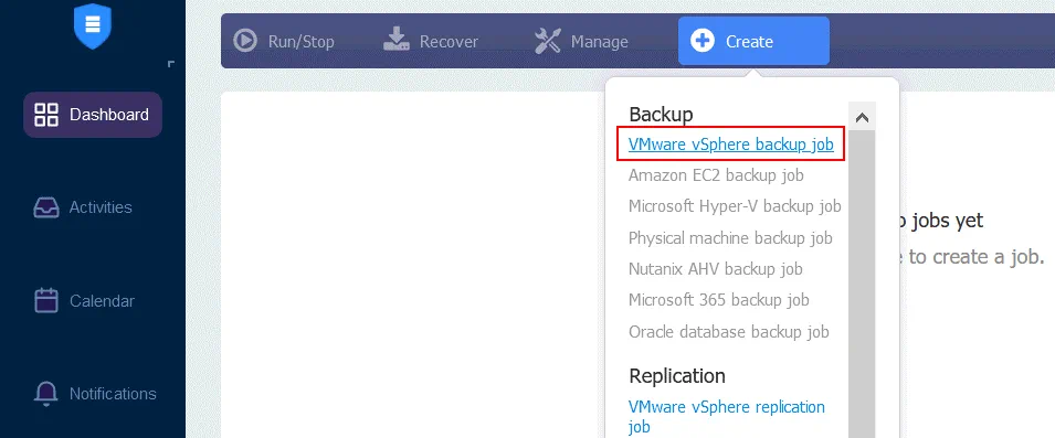 Creating a new VMware backup job to back up data to a backup appliance