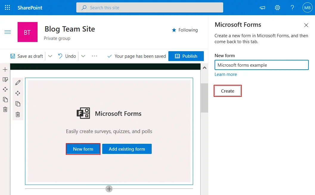 Creating a new form in Microsoft Forms
