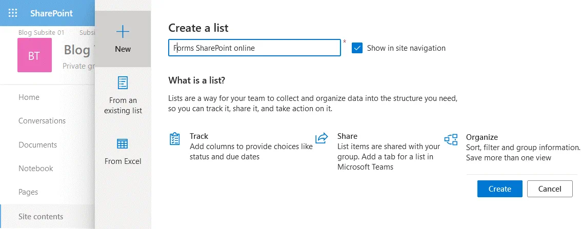 Creating a new list in SharePoint Online