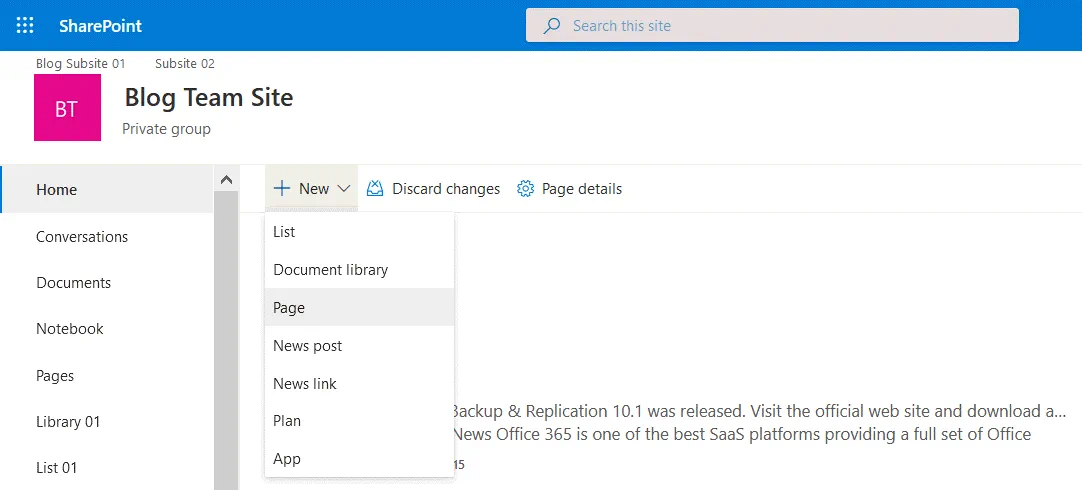 Creating a new page for a site in SharePoint Online