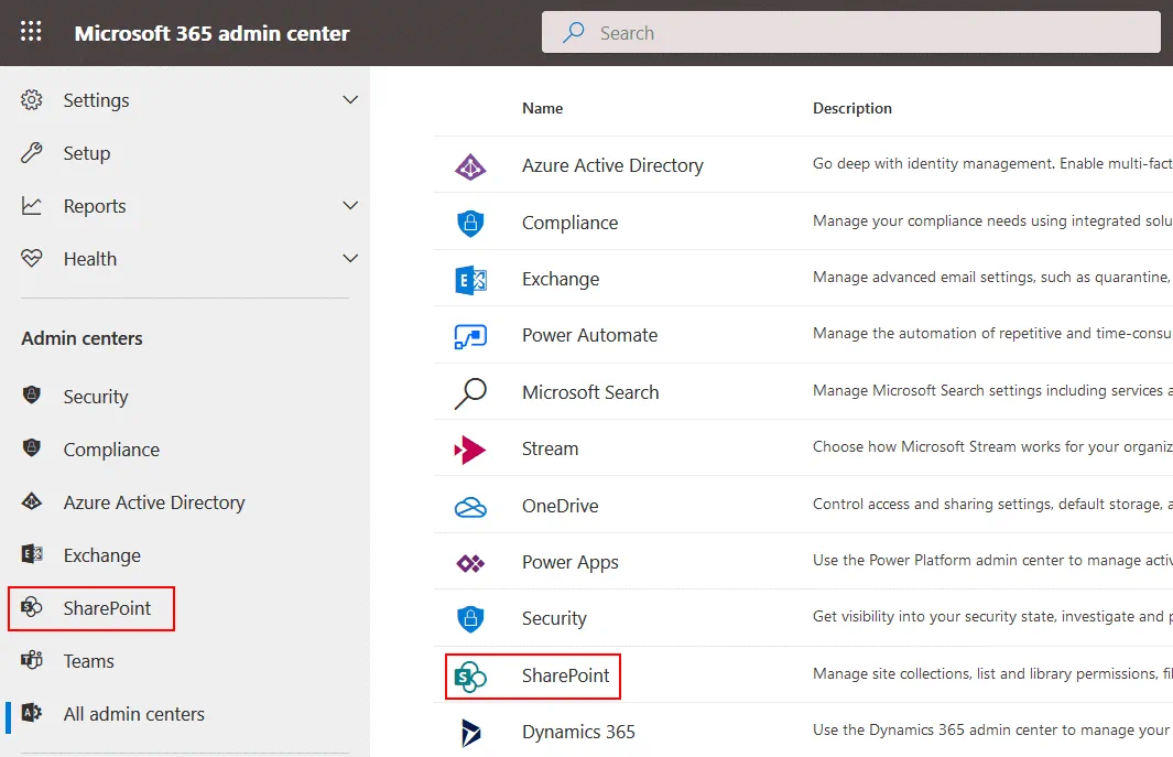 How to open the SharePoint admin center from the Office 365 admin center