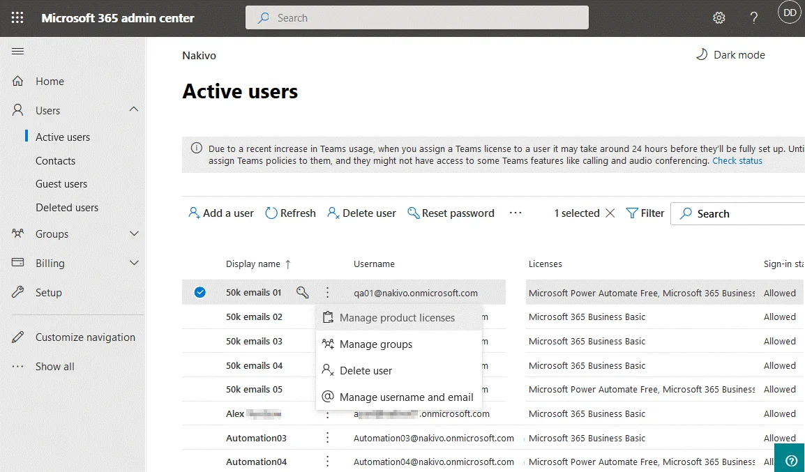 Licenses for SharePoint Online users are managed in the Microsoft 365 admin center