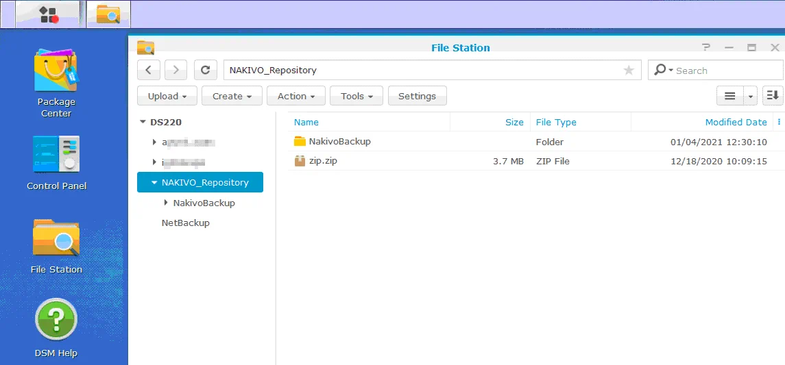 NAS para almacenamiento de backups - visualización de la carpeta de un repositorio de backups