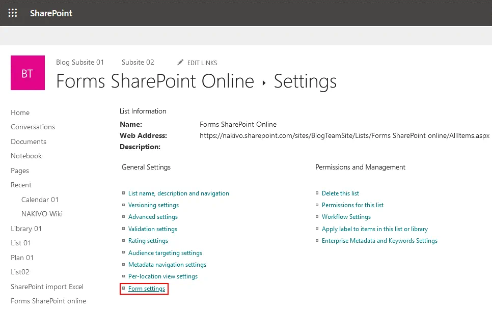 Opening Office 365 SharePoint forms settings