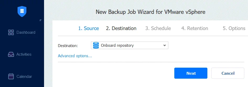 Selecting a backup repository located on NAS and using NAS for backup storage
