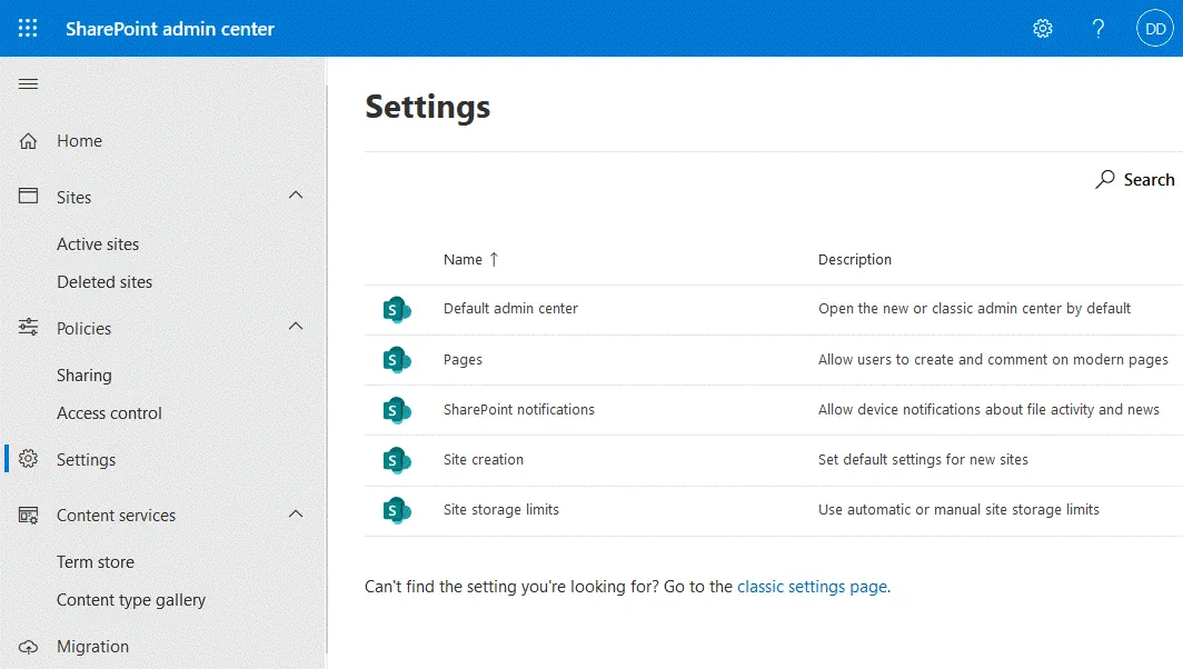 SharePoint central administration settings