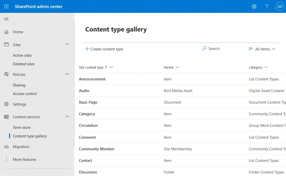 Administración central de SharePoint: una galería de tipos de contenido