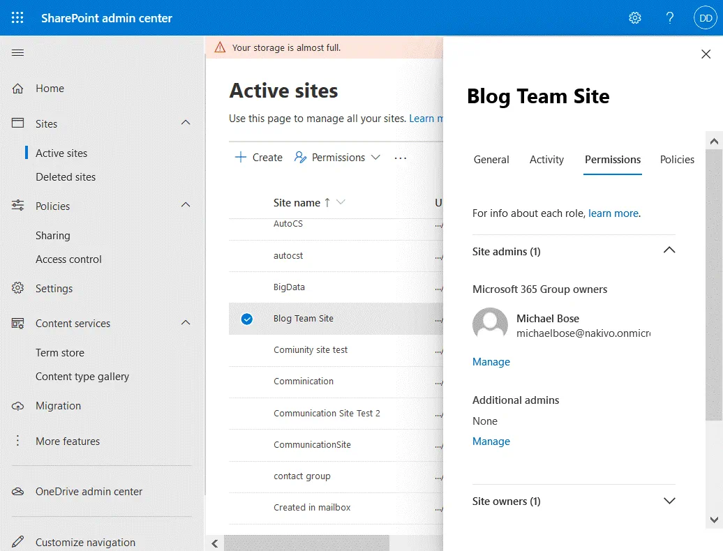 SharePoint central administration – configuring permissions for a SharePoint team site